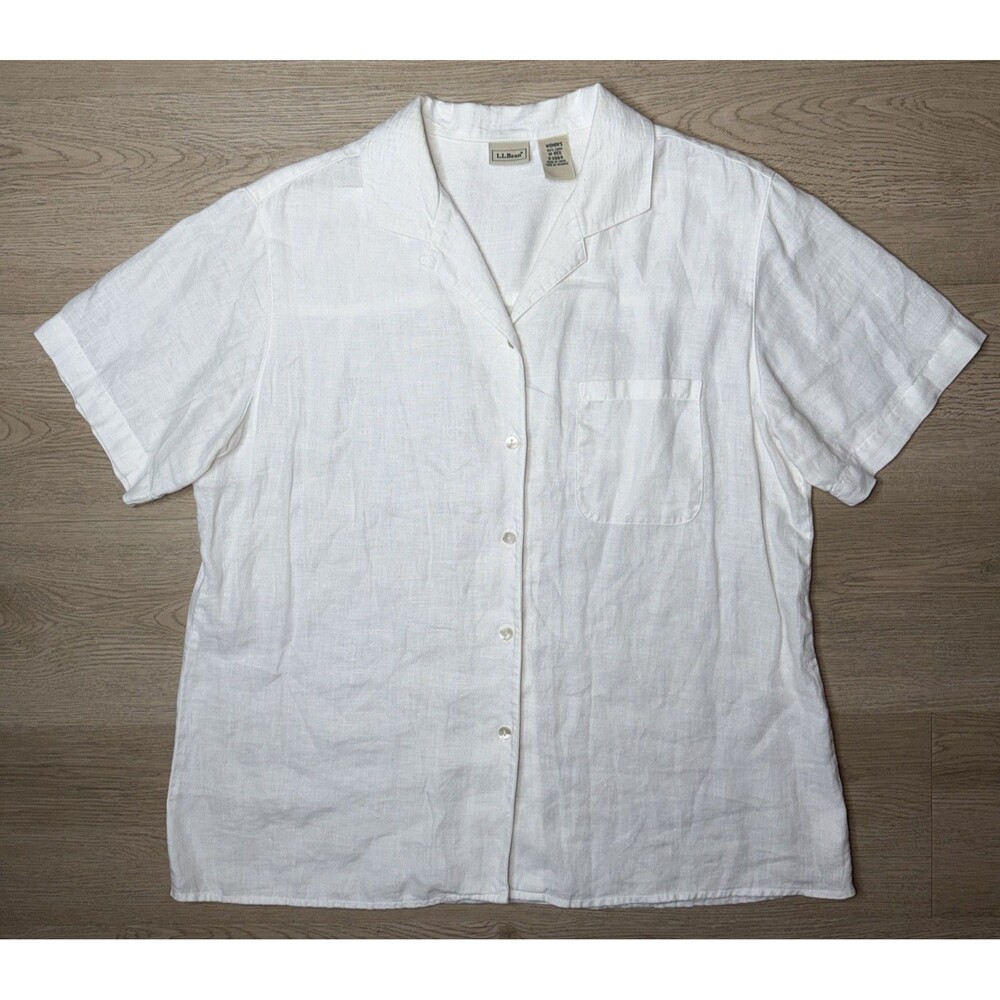 L.L. Bean Womens Shirt Medium White 100% Linen Short Sleeve Button Up Regular